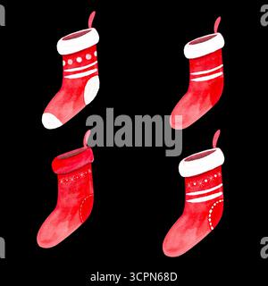 Vier rote Weihnachtsstrümpfe mit weißen Manschetten und dekorativen Mustern Aquarell Illustration Set isoliert auf Schwarz. Festliche Urlaubsclipart, perfekt Stockfoto