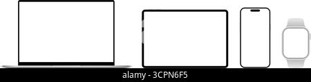 Realistisches Mockup-Set für Mobiltelefone, Laptops, Tablet-pcs und Smart Watch-Geräte mit leerem Bildschirm. Vektorabbildung Stock Vektor
