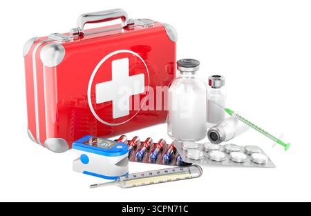 Erste-Hilfe-Kasten mit medizinischem Zubehör. 3D-Rendering isoliert auf weißem Hintergrund Stockfoto