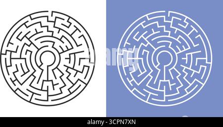 Radiales Puzzle-Labyrinth auf weißem und blauem Hintergrund. Vektorabbildung Stock Vektor