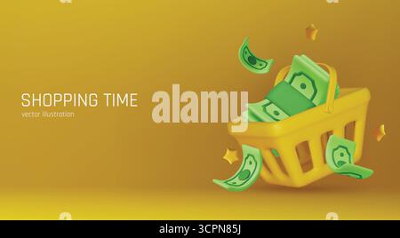 Goldmünzen mit Grünpapier-Dollar, Kassiererschecks. Realistisches 3D-Design im Cartoon-Stil. Finanzielle Investitionen der Unternehmen. Kreatives Konzept. Handel Stock Vektor