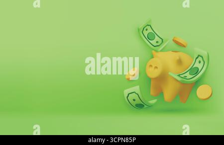 Sparkasse mit grünen Dollars und Goldmünzen auf hellem Hintergrund, symbolisiert Wohlstand, Sparsamkeit und Wirtschaftswachstum. Stock Vektor