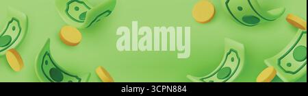 Goldmünzen mit Grünpapier-Dollar, Kassiererschecks. Realistisches 3D-Design im Cartoon-Stil. Finanzielle Investitionen der Unternehmen. Kreatives Konzept. Handel Stock Vektor