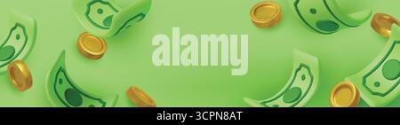 Goldmünzen mit Grünpapier-Dollar, Kassiererschecks. Realistisches 3D-Design im Cartoon-Stil. Finanzielle Investitionen der Unternehmen. Kreatives Konzept. Handel Stock Vektor