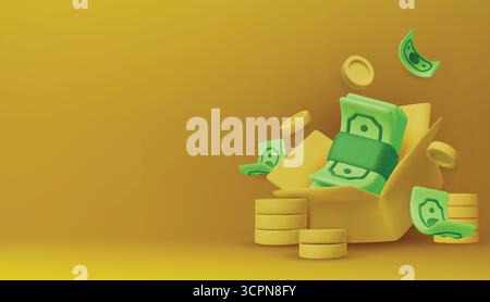Goldmünzen mit Grünpapier-Dollar, Kassiererschecks. Realistisches 3D-Design im Cartoon-Stil. Finanzielle Investitionen der Unternehmen. Kreatives Konzept. Handel Stock Vektor