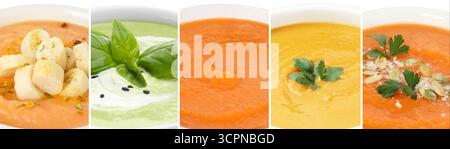 Glatte und samtige Essensstruktur. Verschiedene Cremesuppen, Collage Stockfoto