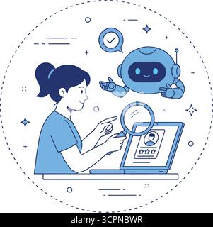 Einstellgruppe. Charakter und Intelligenzroboter arbeiten zusammen. Einstellungsprozess für Unternehmen, Stellensuche, Konzept für Mitarbeiterbewertung. Vektorillust Stock Vektor