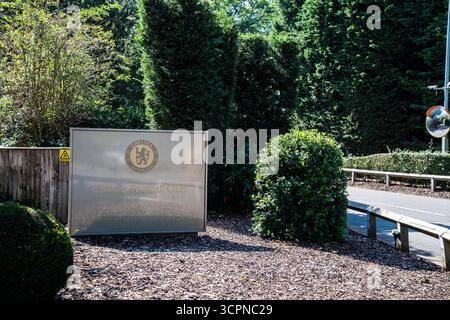 Eintritt zum Trainingsplatz des Chelsea Football Clubs in Cobham, Surrey, England. Stockfoto