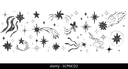 Sternenrand Funkenstift Bling fallende Sterne strukturierte handgezeichnete Trennwand. Schlichte Kreide festlich glänzende Raumelemente, festliche Lichter. Vektorabbildung Stock Vektor