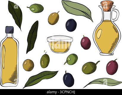 Olivenöl Flasche, Beere, Zweig isoliert Set. Vektorgrafik Linie farbige Illustration. Eingelegte Oliven in weißer Dose, Ölglasflasche, Farmen f Stock Vektor