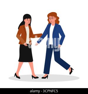 Zwei Geschäftsfrauen lächeln und begrüßen einander in einem professionellen Umfeld. Sie tragen kluge Kleidung und scheinen in ein positives Gespräch verwickelt zu sein, Showca Stock Vektor