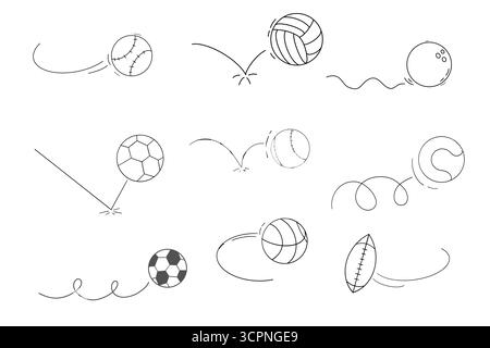 Bounced Ball Comic Manga-Effekt, Doodle Line Hand gezeichnete Ballsprungbahn, Ballbewegungsausdruck. Skizzenbewegung. Vektorabbildung Stock Vektor