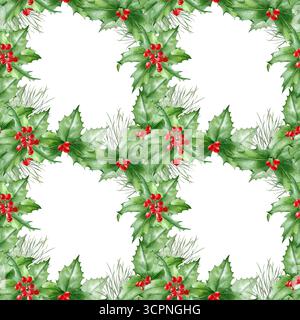 Ein nahtloses Blumenmuster in Aquarellfarben mit handbemalten Zweigen, Blättern und Beeren. Ein natürlicher floraler Hintergrund für Verpackungen. Stockfoto