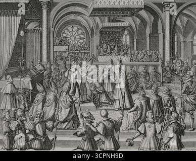 Louis XIII. „Der gerechte“ (1601-1643). König von Frankreich und Navarra (1610–1643). Krönungszeremonie Ludwigs XIII. Im Dom von Reims am 17. Oktober 1610. Kupferstich von Huyot nach einer Zeichnung von Francois Quesnel (ca. 1543-1619), Kupferstich von Thomas de Leu (ca. 1555-c.) Nr. 1612). XVIIme siècle: lettres, Sciences et Arts, Frankreich 1590-1700 (17. Jahrhundert: Briefe, Wissenschaften und Künste), von Paul Lacroix. Veröffentlicht in Paris von Librairie de Firmin-Didot et Cie, 1882. Stockfoto