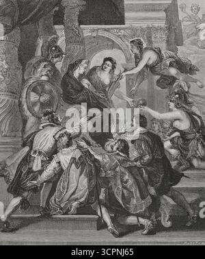 „Die Proklamation der Regentschaft“. Kupferstich von Huyot nach einem Detail aus einem Gemälde von Peter Paul Rubens (1577–1640) aus dem Marie de' Medici-Zyklus, das zwischen 1600 und 1625 produziert wurde. Nach der Ermordung König Heinrich IV. Am 14. Mai 1610 übernahm Königin Consort Marie de Medici (1575–1642) die Regentschaft Frankreichs. Die Szene zeigt die in Trauer gekleidete Königin, die auf dem Thron sitzt und die Macht übernimmt, als sie einen fleury Globus als Emblem erhält. Minerva (Weisheit) und Prudence beraten sie. Die göttliche Vorsehung bietet ihr das Ruder als Symbol der Autorität an. Die Adligen des Königreichs schwören Allegia Stockfoto