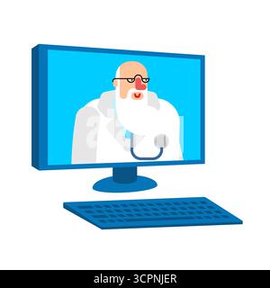 Online-Arzt Telemedizin. Älterer Arzt, der Online-Beratung auf dem Computerbildschirm gibt, symbolisiert Telemedizin, Remote Healthcare Service, virtuell Stock Vektor