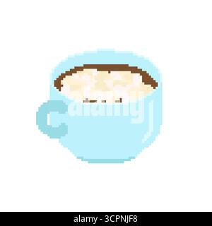 Pixel Art Tasse heißen Kakao mit Marshmallows oben. Perfekt für Retro-Spiele, Winterferien, gemütliche Getränke und digitales nostalgisches Design. Stock Vektor