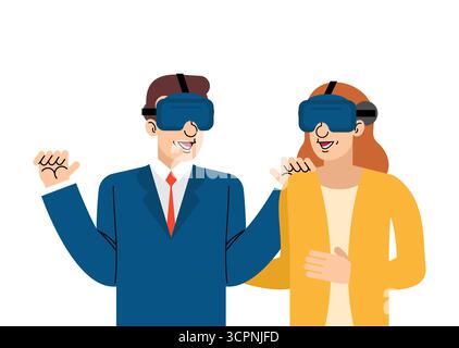 Mann und Frau mit Virtual-Reality-Headsets, Lächeln und Gesten, symbolisieren immersive digitale Unterhaltung, Kommunikation und zukunftsweisende Technologie Stock Vektor