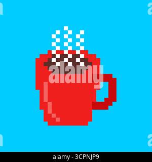 Pixel Art Heißgetränk Tasse. Rote Heißgetränketasse mit Dampf auf blauem Hintergrund, repräsentiert Retro-Videospiel-Stil, warme Getränke, gemütliche Vibes, Stock Vektor