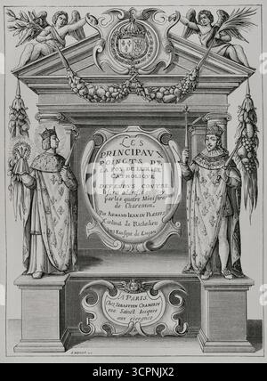"Les Principaux poincts de la Foi de l'Eglise catholique. Défendus contre l'écrit adressé au ROI par les quatre ministres de Charenton', byr Armand Jean du Plessis (1585-1642), Kardinal Richelieu. Kupferstich von Huyot nach der Illustration für das Frontispiece des Werkes, eingraviert von J. Picart. Veröffentlicht in Paris, chez Sébastien Cramoisy, 1629. XVIIme siècle: lettres, Sciences et Arts, Frankreich 1590-1700 (17. Jahrhundert: Briefe, Wissenschaften und Künste), von Paul Lacroix. Veröffentlicht in Paris von Librairie de Firmin-Didot et Cie, 1882. Stockfoto