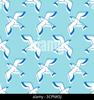 Nahtloses Muster fliegender Möwen auf blauem Hintergrund. Perfekt für Sommer, Meeresmotive, Textildesign, Tapeten und nautische Illustration. Stock Vektor