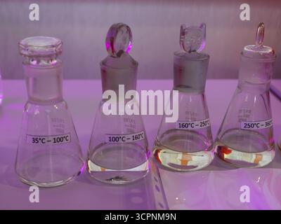 Wissenschaftliche Experimente im Chemielabor. Ausbildungskonzept Chemiewissenschaften. Laborkolben mit Flüssigkeiten Stockfoto