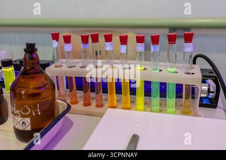 Wissenschaftliche Experimente im Chemielabor. Ausbildungskonzept Chemiewissenschaften. Laborkolben mit Flüssigkeiten Stockfoto