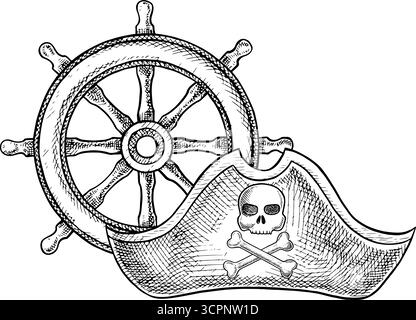 Piratenhut Tricorn und Schiffsrad. Schwarzweiß-Grafiken, handgezeichnete Vektorabbildungen. Für Kinderspiele und -Feiern. Für Aufkleber Stock Vektor