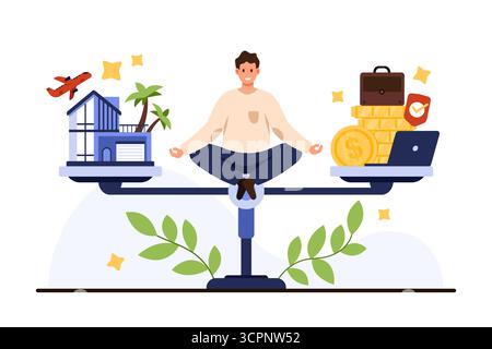 Person, die auf Waagen meditiert, die Heim- und Karrieregelderfolg ausbalancieren und Harmonie zwischen persönlichen und beruflichen Prioritäten zeigen, isoliert auf weißem Hintergrund Vektor-Illustration Stock Vektor