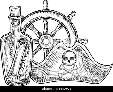 Piratenmotiv. Dreieckiger Hut, Schiffsrad und Rollen in einer Flasche. Schwarzweiß-Grafiken, handgezeichnete Vektorabbildungen. Für Kinder Stock Vektor