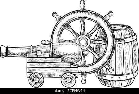 Eine alte Kanone, ein Schiffsrad und ein Fass. Schwarzweiß-Grafiken, handgezeichnete Vektorabbildungen. Für Kinderspiele und -Feiern. Für Stock Vektor
