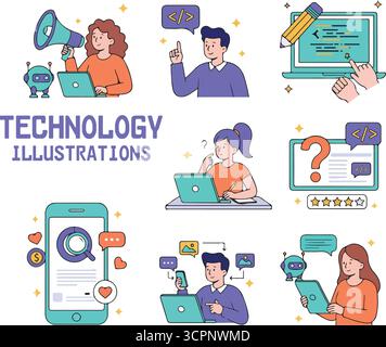 KI-Technologie im Geschäfts- und Marketingbereich. Charaktere mit künstlicher Intelligenz, Algorithmen, generativen Werkzeugen zum Suchen, Schreiben von Eingabeaufforderungen, Gen Stock Vektor