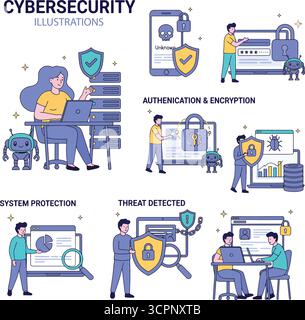KI-Technologie im Sicherheitsset. Charaktere mit künstlicher Intelligenz, Algorithmen, generativen Tools für den Datenschutz, Cybersicherheit, Datenschutz usw. Stock Vektor
