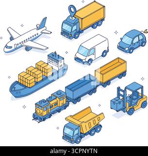 Transportfahrzeuge, Frachtschiffe, Flugzeuge, Güterwagen, Güterzug. Globale Logistik, Frachttransport, Import, Exportkonzept. Flaches isometrisches V Stock Vektor
