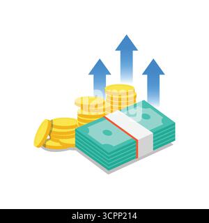 Stapel von Münzen und Bargeld mit Pfeilen nach oben, die Gewinn, Ersparnisse und Finanzwachstum darstellen. Ideal für Investitions- und Bankdesign. Stock Vektor