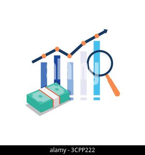 Vektordarstellung von gestapelten Barmitteln mit Balkendiagramm, Liniendiagramm und Lupe. Geeignet für Themen wie Finanzen, Analysen und Marktwachstum. Stock Vektor