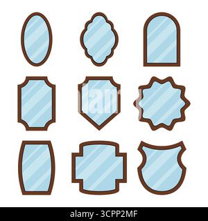 Illustration für dekorative Spiegel. Ein stilvolles Set aus neun dekorativen Spiegeln, die jeweils in einzigartigen Formen gestaltet und in braunem Holz gerahmt sind. Stock Vektor