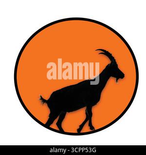 Ziegensilhouette Logo Vektor – Bauernhoftier-Symbol auf orangefarbenem Kreis Hintergrund Stock Vektor