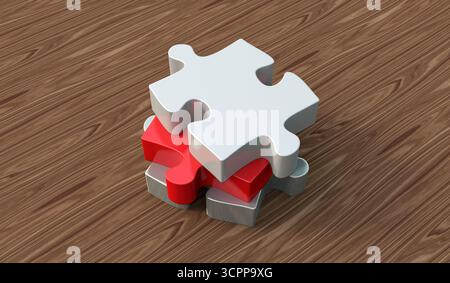 Ein Nahfoto von drei Puzzleteilen auf einer Holzoberfläche. Ideen in Bezug auf Geschäft, Strategie und Innovation. 3D-Rendering Stockfoto