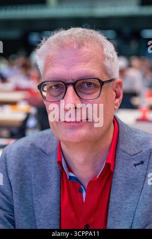 Landshut, Deutschland. September 2025. Uwe Kirschstein, Kandidat für das Amt des neuen Generalsekretärs, bei der SPD-Landeskonferenz in Bayern. Quelle: Armin Weigel/dpa/Alamy Live News Stockfoto