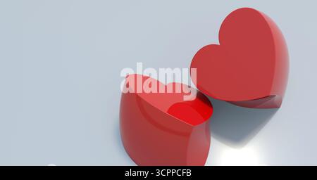 Glänzende rote Herzen auf weißem Hintergrund. Dieses eindrucksvolle Bild zeigt zwei glänzend rote Herzformen, die Liebe und Leidenschaft symbolisieren. 3D-Rendering. Stockfoto