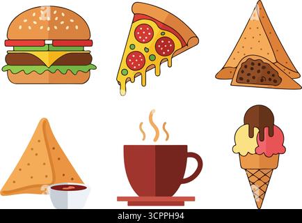 Sammlung beliebter Icons für Fast Food, Snacks und Getränke Stock Vektor