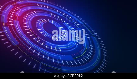 Holographische Technologie-Schnittstelle. Futuristisches kreisförmiges Design mit leuchtenden Linien. Geeignet für Tech-, Science-Fiction- oder digitale Designprojekte. Stockfoto