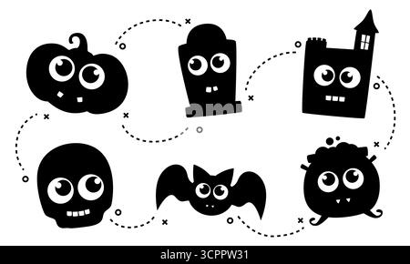 Niedliches Silhouettenelement-Set für Halloween isoliert auf weiß. Halloween-Zeichentrickfiguren mit süßen großen Augen. Clip-Art-Illustration „Trick or Treat“. Stock Vektor