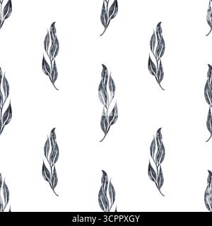 Nahtloser Hintergrund mit Baumzweigen und hinterlässt eine vertikale schwarze, körnige Textur des Aquarells auf weißer Hand gezeichnet Stockfoto