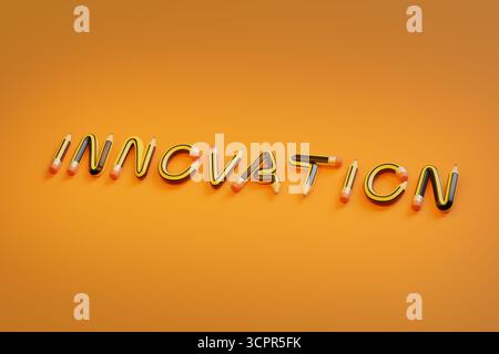 Das Wort "Innovation", geschrieben mit Bleistiften. 3D-Abbildung. Stockfoto