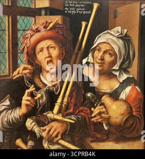 Pieter Huys, der Dudelsack-Spieler und die alte Frau (1571), die flämische Renaissance-Genre-Szene. Stock Vektor