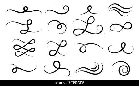 Elegantes handgezeichnetes Flourish-Set mit Wirbeln und dekorativen Trennelementen. Flache Ornament-Kollektion für Rand, Rahmen, Vintage-Design, Zoll Stock Vektor