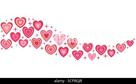 Abstrakte Welle mit rosa und rot gestreiften groovigen Y2K-Herzen und Sternen im flachen Cartoon-Stil. Niedliches, farbenfrohes, handgezeichnetes Clipart zum Valentinstag. Roman Stock Vektor