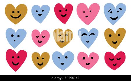 Rosafarbene, blaue und goldene Herzen mit lustigen, glücklichen Gesichtern im flachen Cartoon-Stil. Niedliche, farbenfrohe, handgezeichnete Clipart-Kollektion zum Valentinstag. Romantisch Stock Vektor